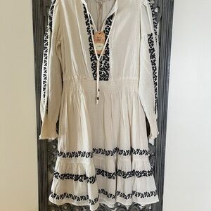 NWT. Fat Face Devin Embroidered Off White Dress with Black Floral